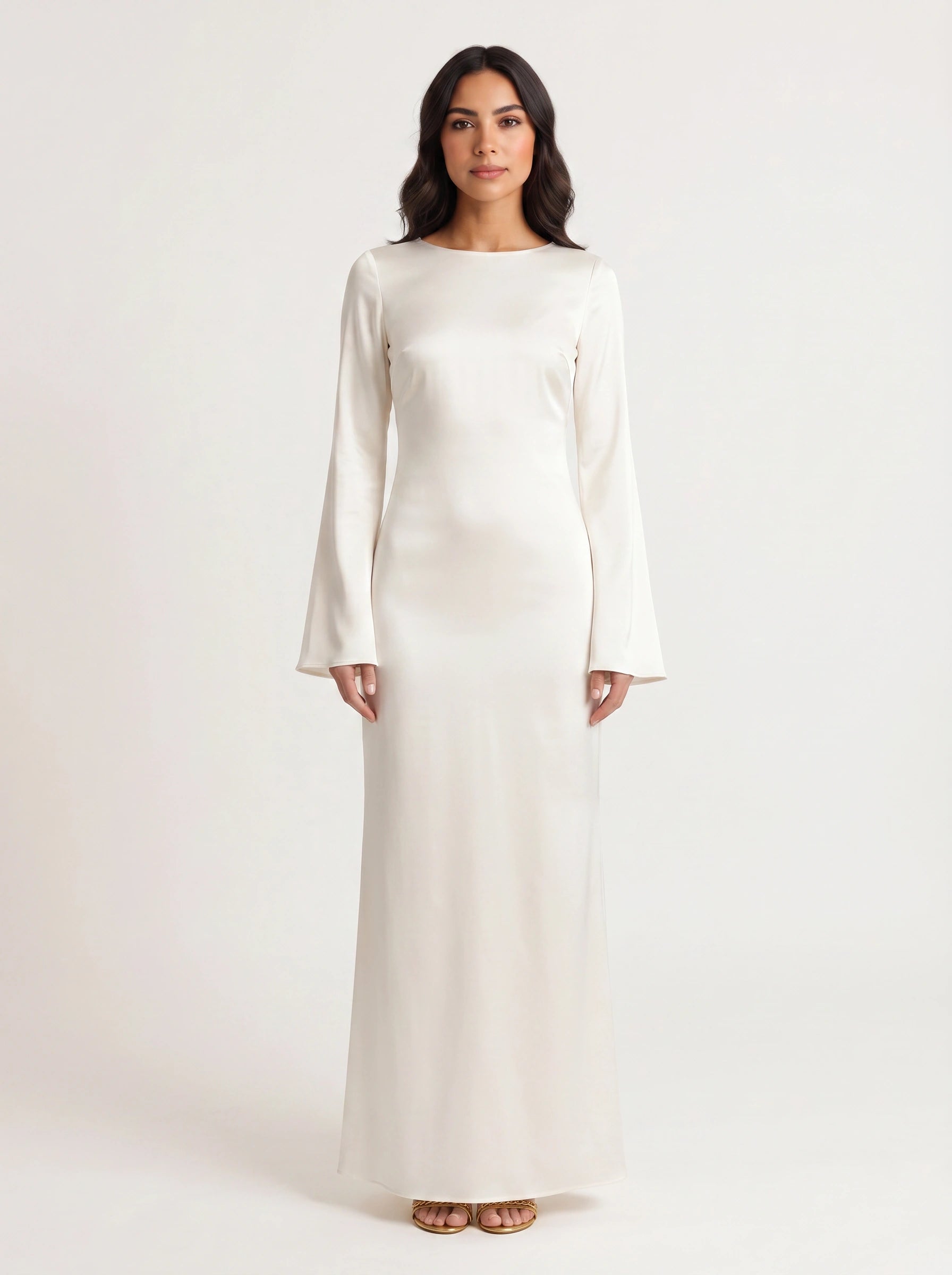 Solène Bell Sleeve Dress – Cream Long Sleeve Maxi Dress Women Elegant Formal Minimalist Gown