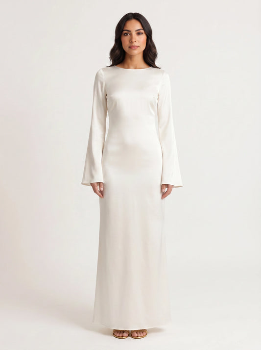 Solène Bell Sleeve Dress – Cream Long Sleeve Maxi Dress Women Elegant Formal Minimalist Gown