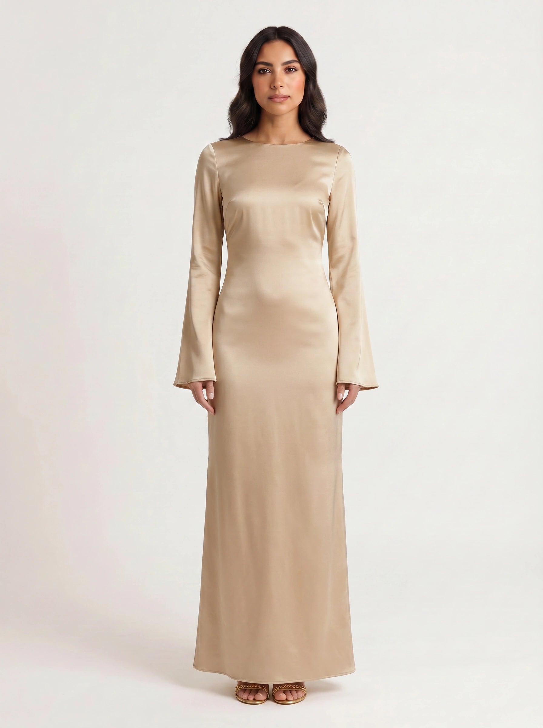 Solène Bell Sleeve Dress – Cream Long Sleeve Maxi Dress Women Elegant Formal Minimalist Gown