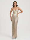 Aurenna Corset Gown – Metallic Pleated Maxi Evening Dress Women Formal Wedding Guest Champagne