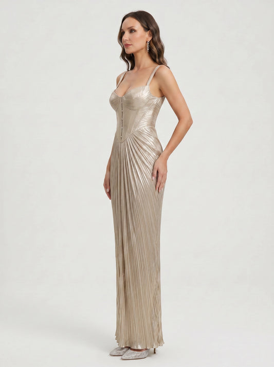Aurenna Corset Gown – Metallic Pleated Maxi Evening Dress Women Formal Wedding Guest Champagne