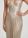 Aurenna Corset Gown – Metallic Pleated Maxi Evening Dress Women Formal Wedding Guest Champagne