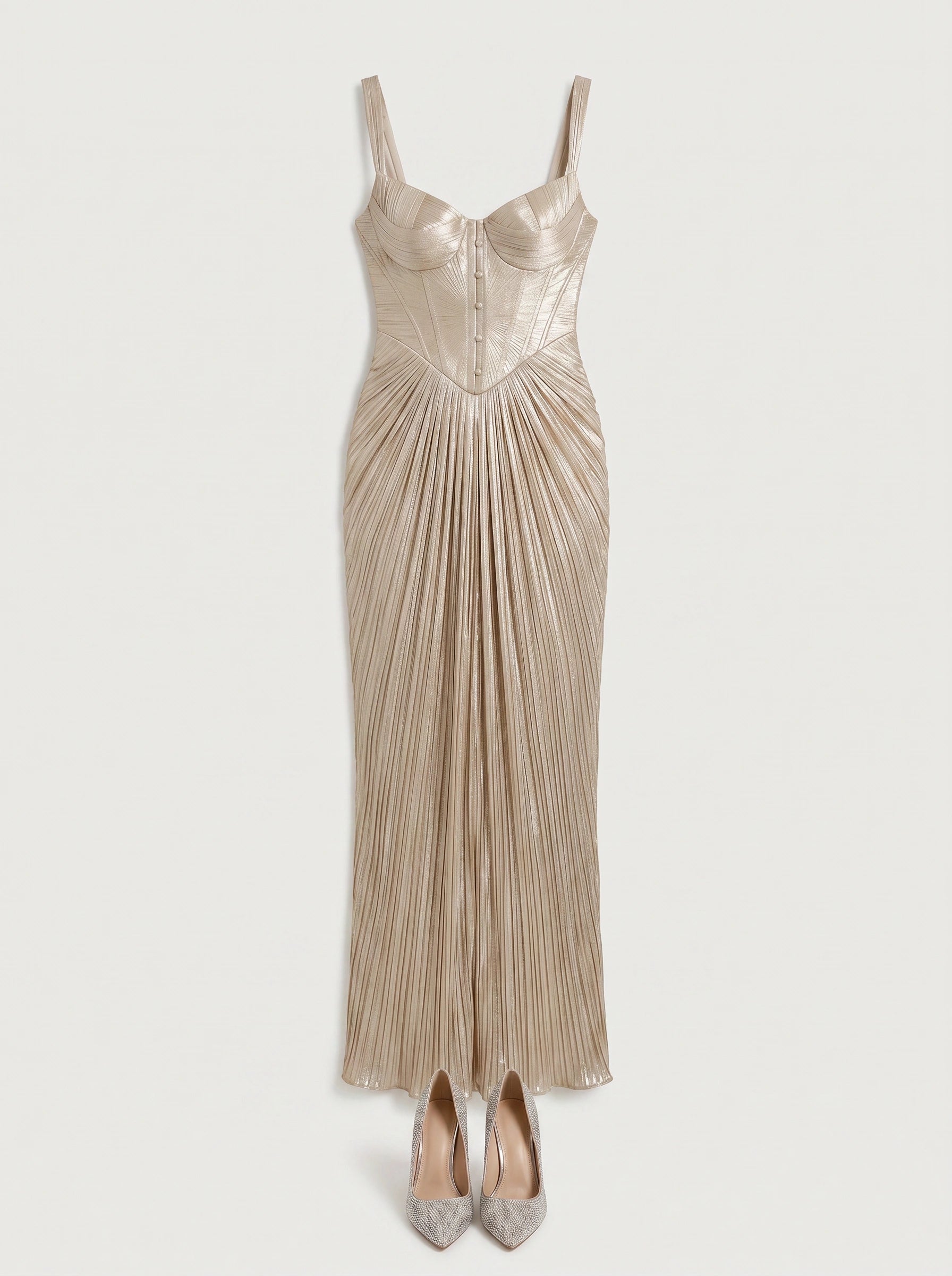 Aurenna Corset Gown – Metallic Pleated Maxi Evening Dress Women Formal Wedding Guest Champagne