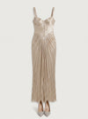 Aurenna Corset Gown – Metallic Pleated Maxi Evening Dress Women Formal Wedding Guest Champagne