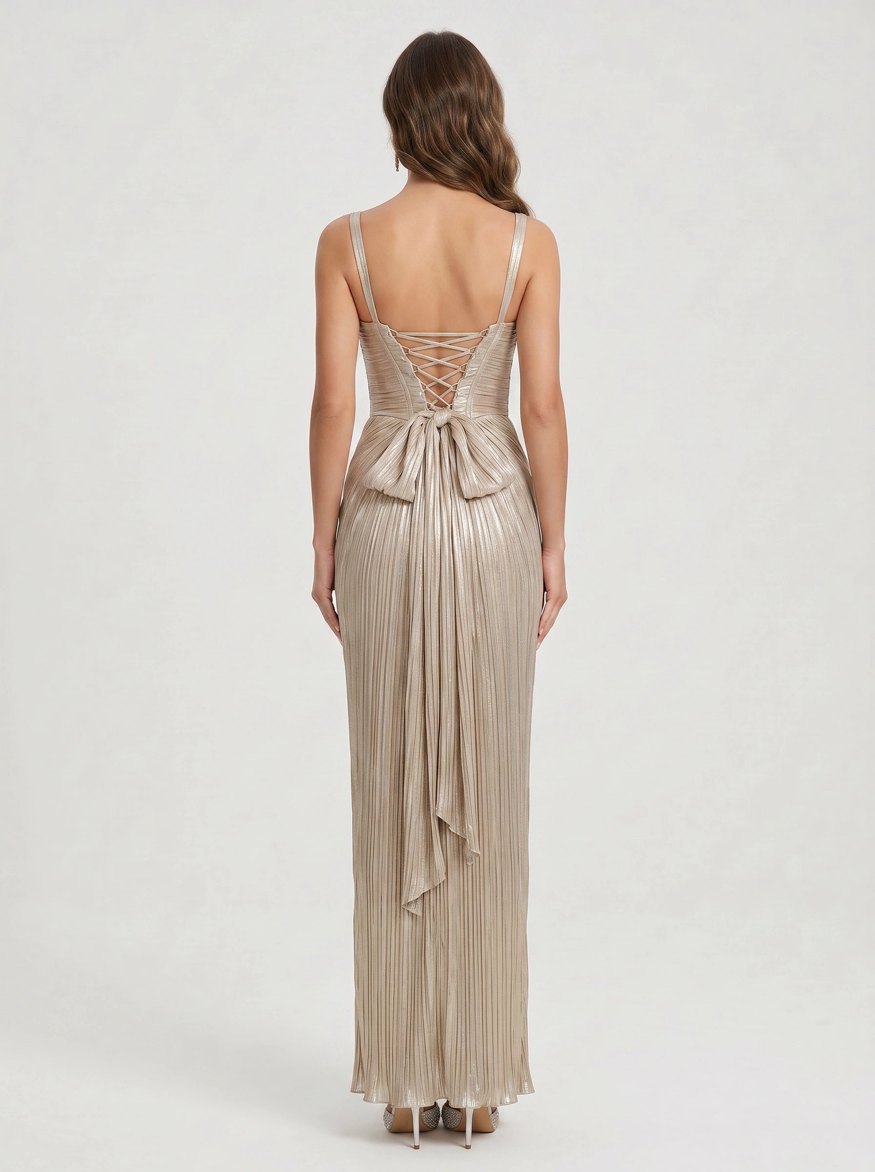 Aurenna Corset Gown – Metallic Pleated Maxi Evening Dress Women Formal Wedding Guest Champagne