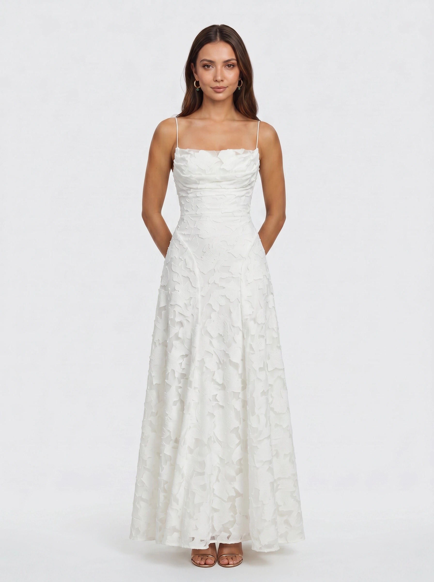 Petalux Maxi Dress – White Textured Floral Spaghetti Strap Bridal Summer Wedding Guest Gown Women