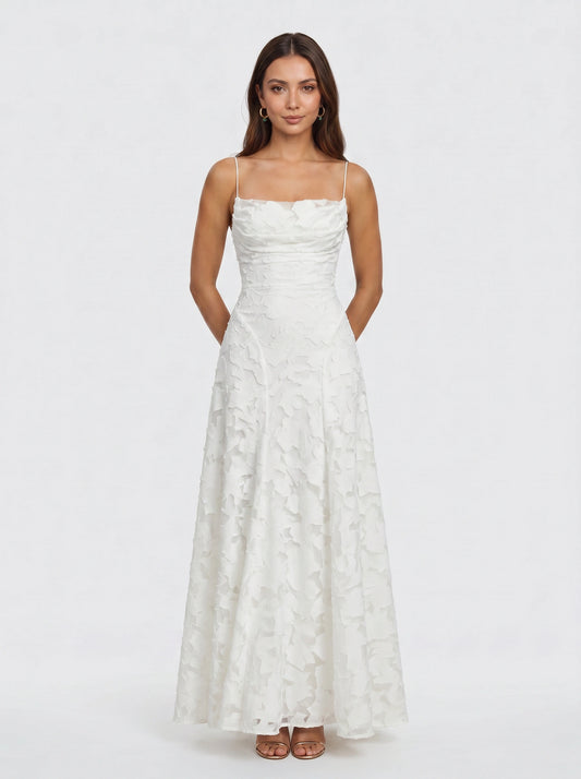 Petalux Maxi Dress – White Textured Floral Spaghetti Strap Bridal Summer Wedding Guest Gown Women