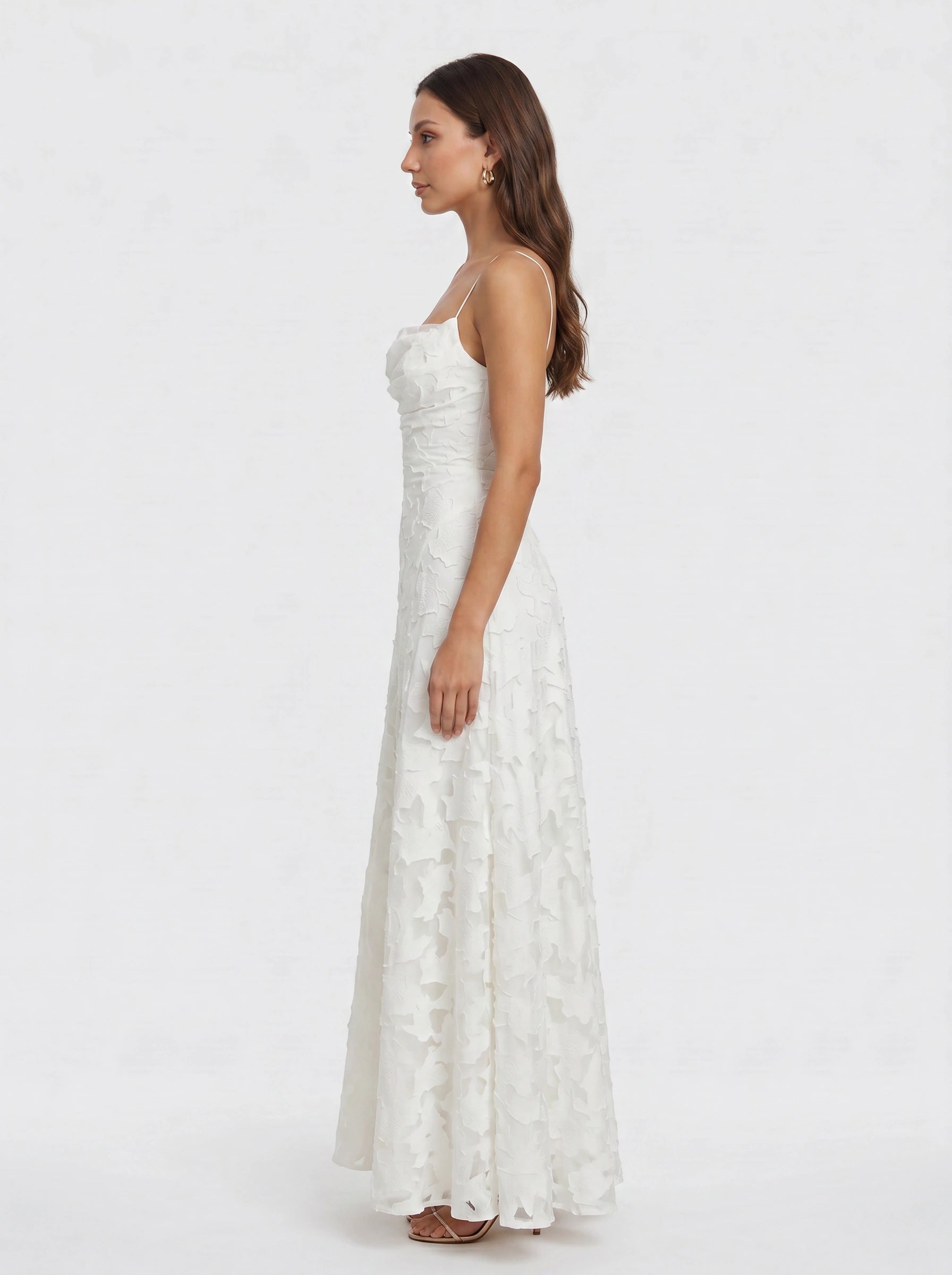 Petalux Maxi Dress – White Textured Floral Spaghetti Strap Bridal Summer Wedding Guest Gown Women