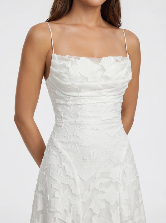 Petalux Maxi Dress – White Textured Floral Spaghetti Strap Bridal Summer Wedding Guest Gown Women