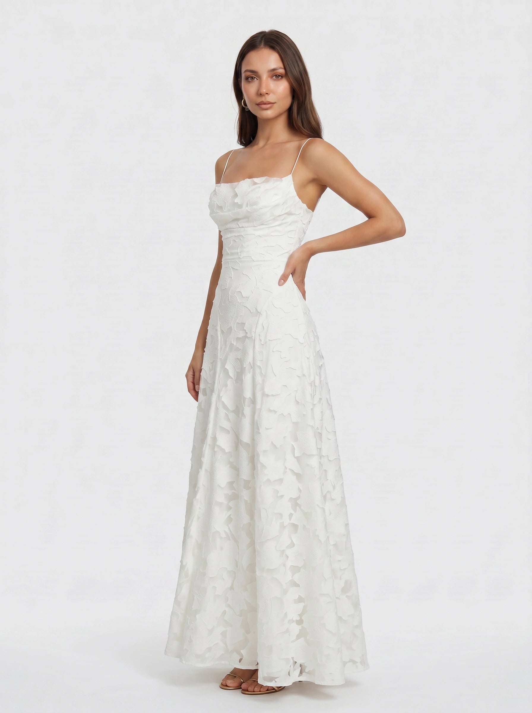Petalux Maxi Dress – White Textured Floral Spaghetti Strap Bridal Summer Wedding Guest Gown Women