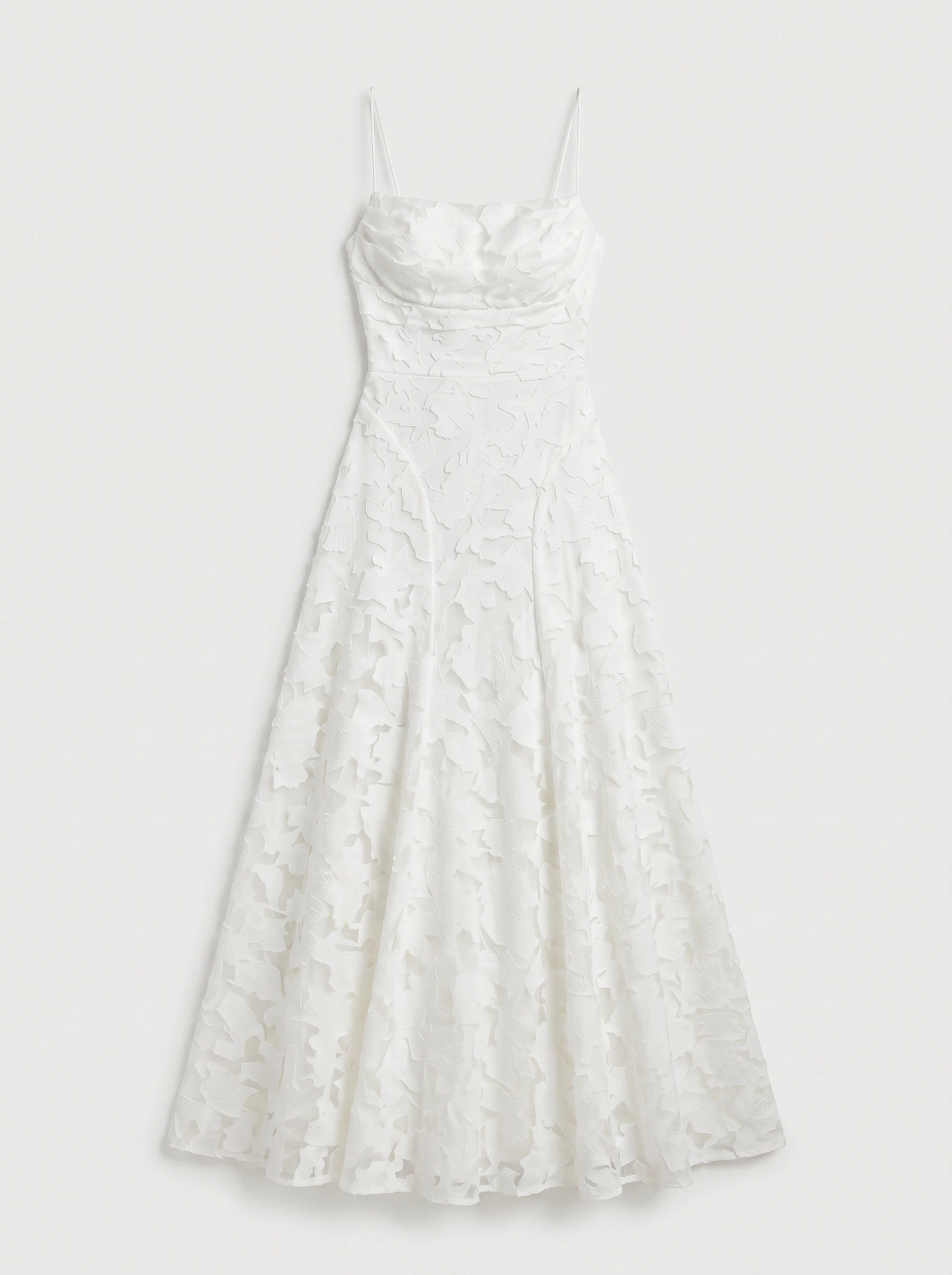 Petalux Maxi Dress – White Textured Floral Spaghetti Strap Bridal Summer Wedding Guest Gown Women
