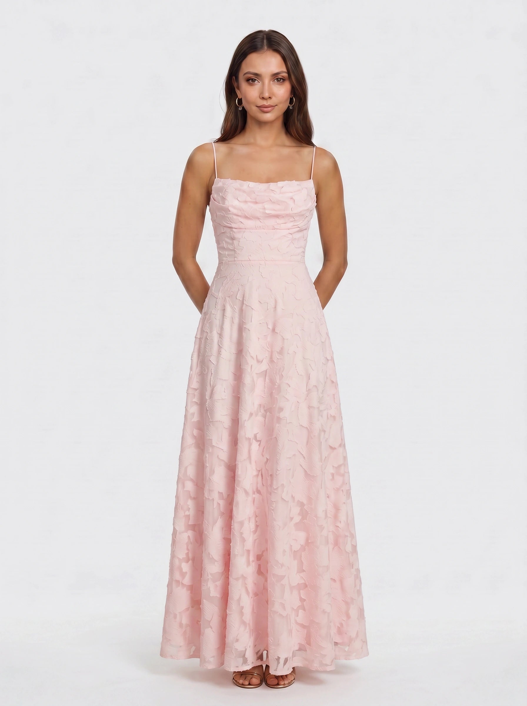 Petalux Maxi Dress – White Textured Floral Spaghetti Strap Bridal Summer Wedding Guest Gown Women