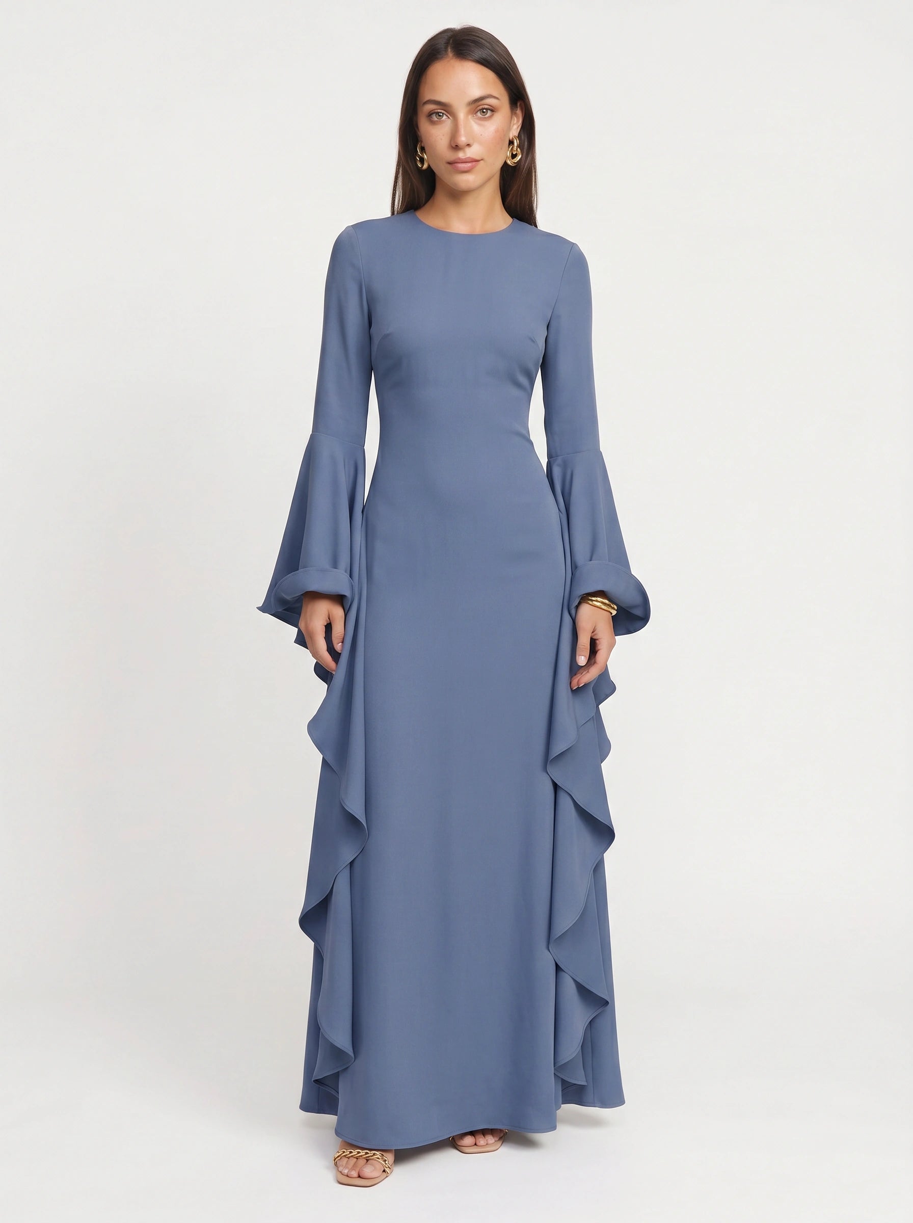 Cascada Maxi Dress – Long Sleeve Ruffle Formal Gown Women Wedding Guest Summer Evening