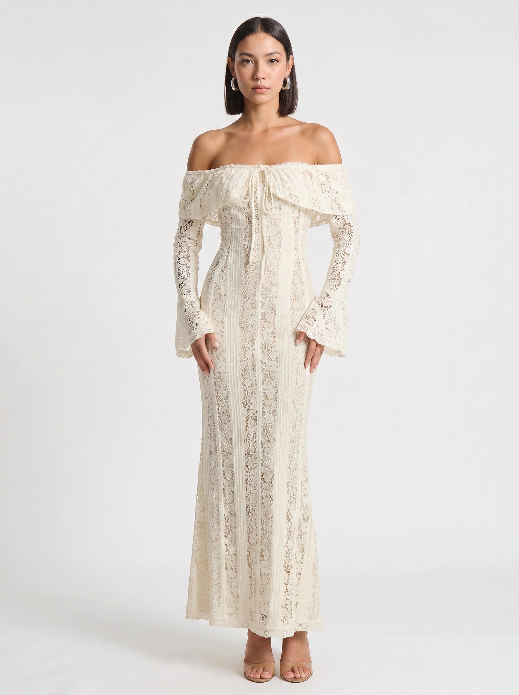 Off Shoulder Lace Maxi Dress White Women Long Sleeve – Sunday Laine