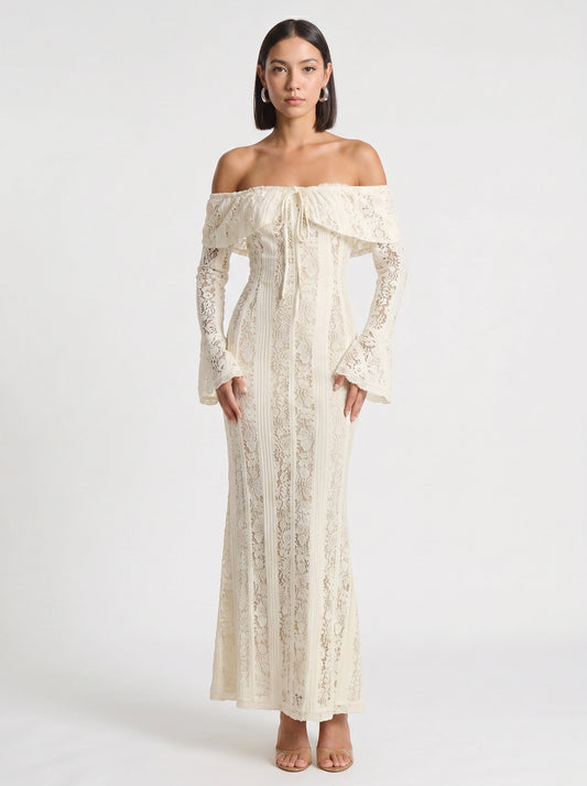 Lavina Off Shoulder Dress – Lace Maxi Women Long Sleeve White Boho Summer Evening Romantic