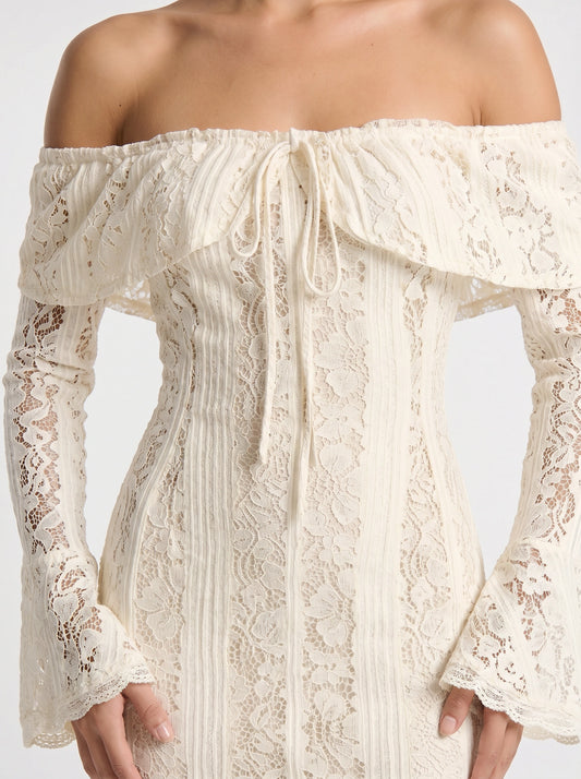 Lavina Off Shoulder Dress – Lace Maxi Women Long Sleeve White Boho Summer Evening Romantic