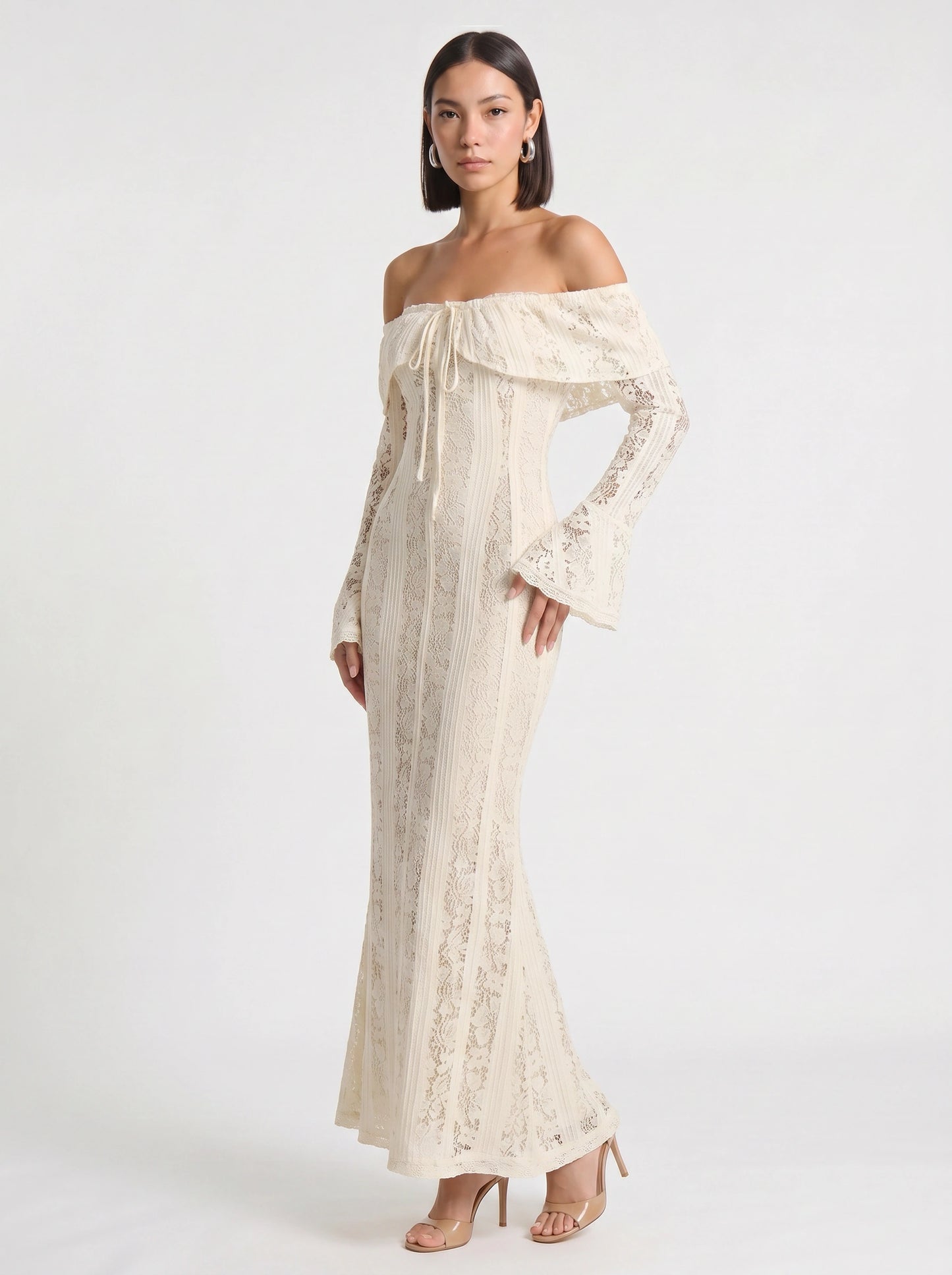 Lavina Off Shoulder Dress – Lace Maxi Women Long Sleeve White Boho Summer Evening Romantic