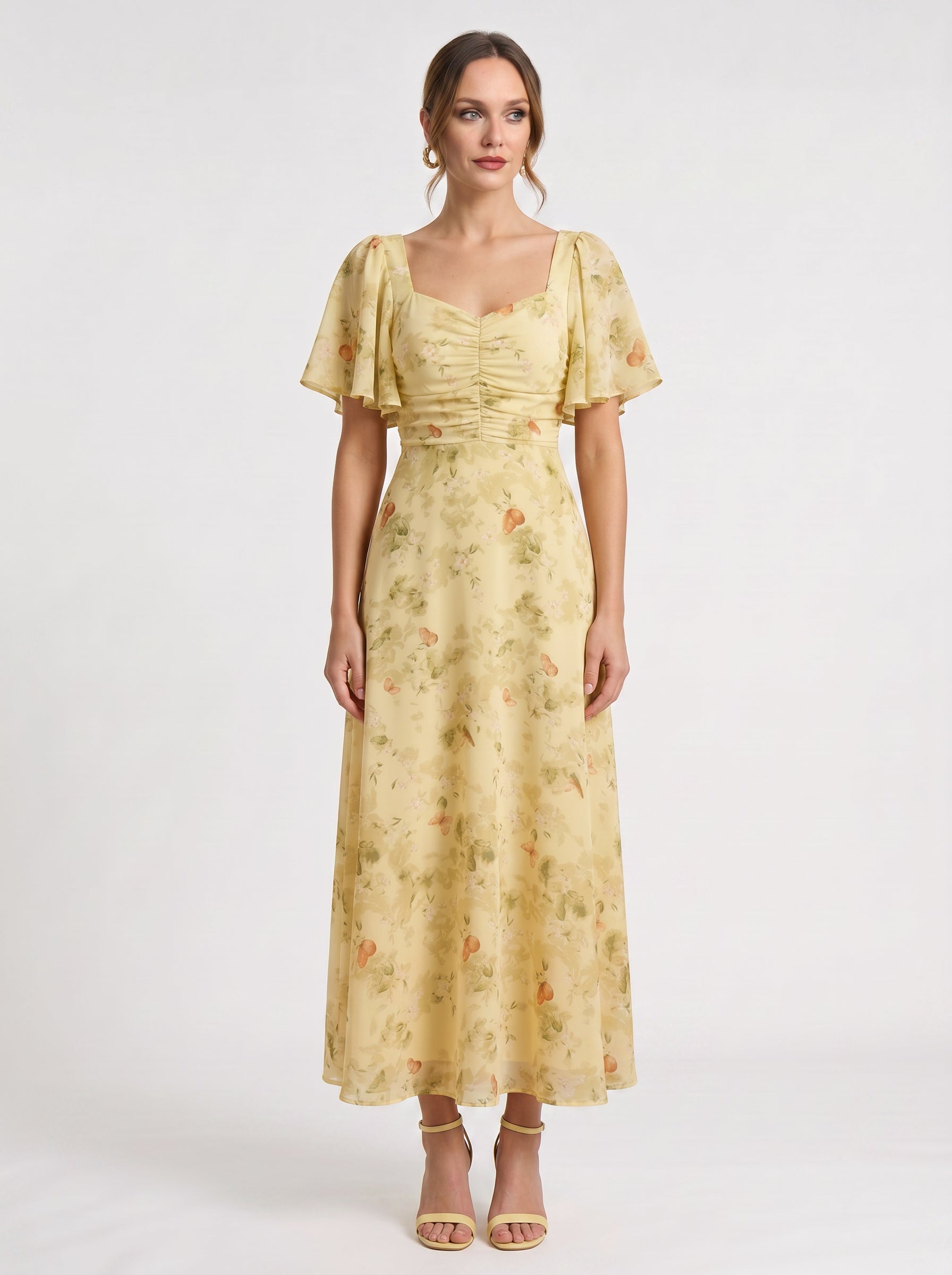 Citrin Ruched Flutter-Sleeve Maxi Dress – Puff Sleeve Dress Women Formal Wedding Guest Floral Maxi Dress