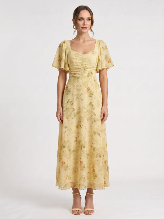 Citrin Ruched Flutter-Sleeve Maxi Dress – Puff Sleeve Dress Women Formal Wedding Guest Floral Maxi Dress