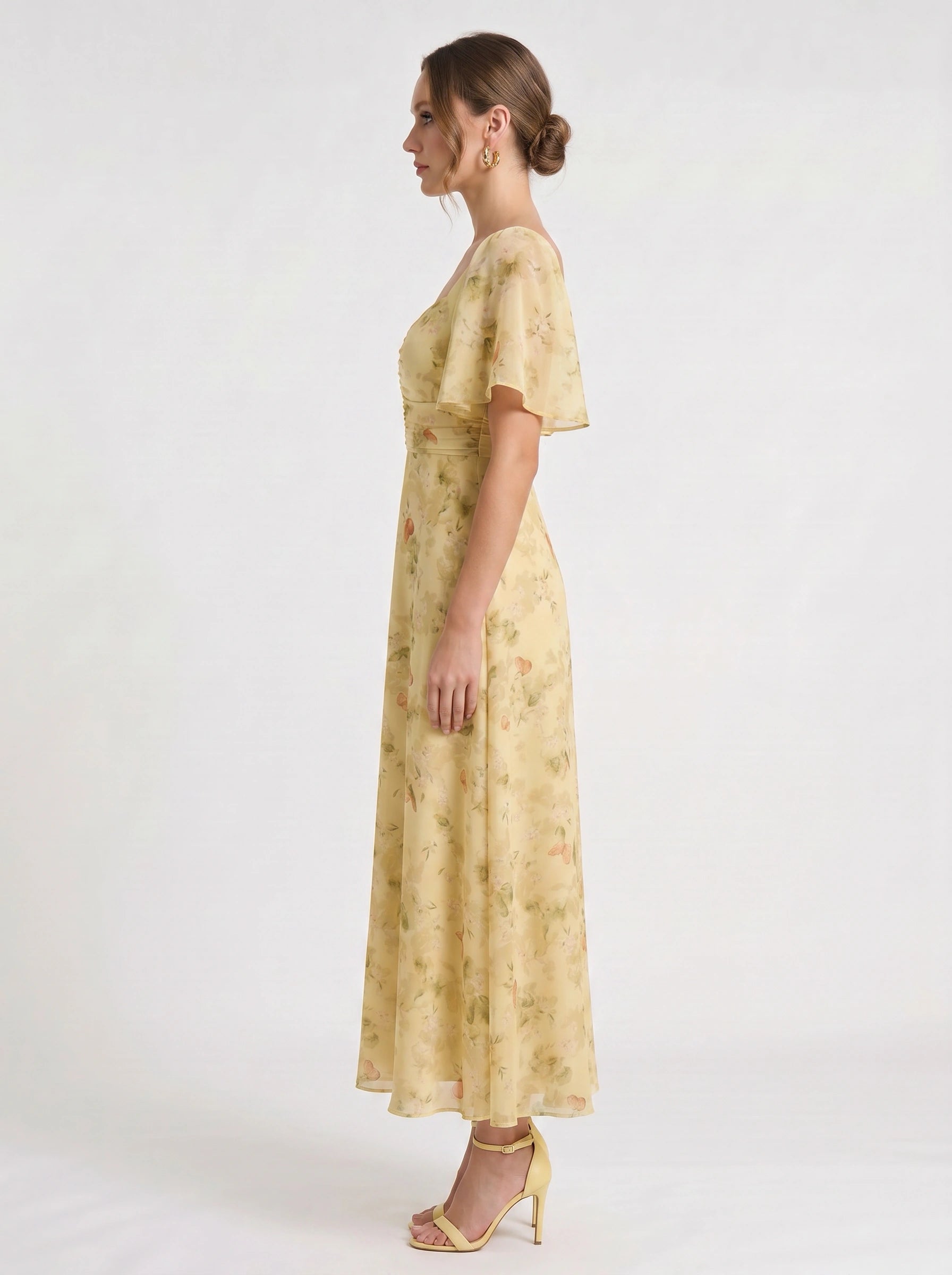 Citrin Ruched Flutter-Sleeve Maxi Dress – Puff Sleeve Dress Women Formal Wedding Guest Floral Maxi Dress