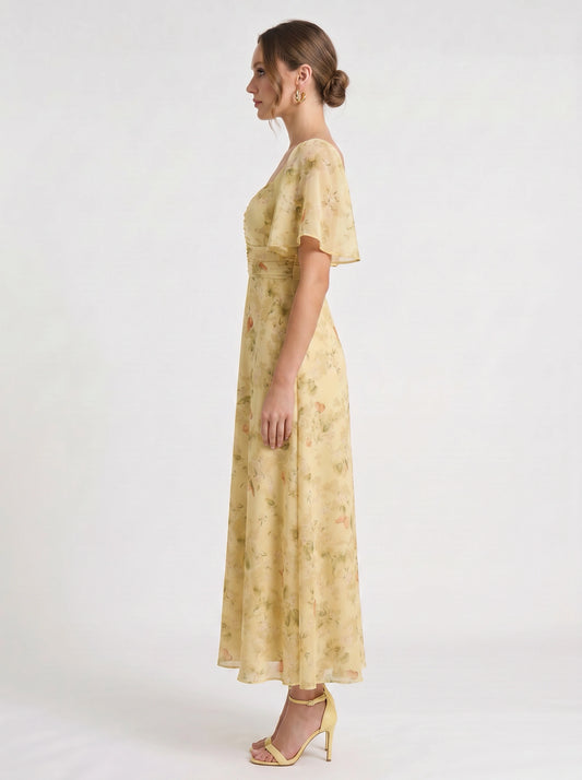 Citrin Ruched Flutter-Sleeve Maxi Dress – Puff Sleeve Dress Women Formal Wedding Guest Floral Maxi Dress