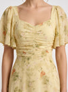 Citrin Ruched Flutter-Sleeve Maxi Dress – Puff Sleeve Dress Women Formal Wedding Guest Floral Maxi Dress