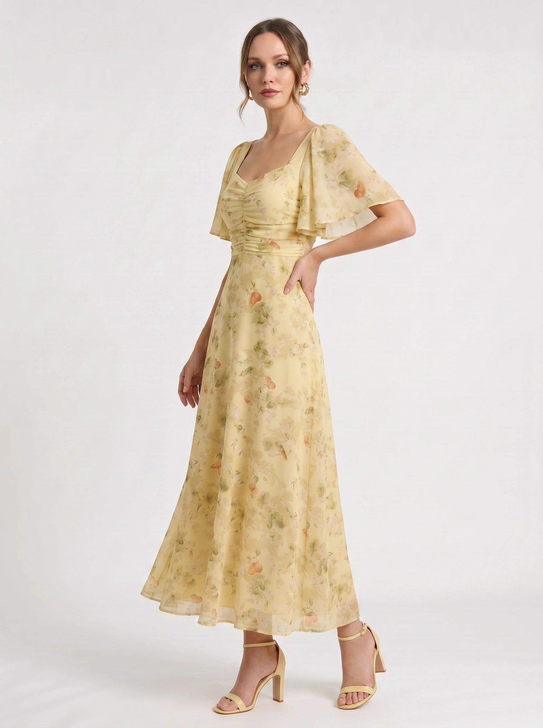 Citrin Ruched Flutter-Sleeve Maxi Dress – Puff Sleeve Dress Women Formal Wedding Guest Floral Maxi Dress