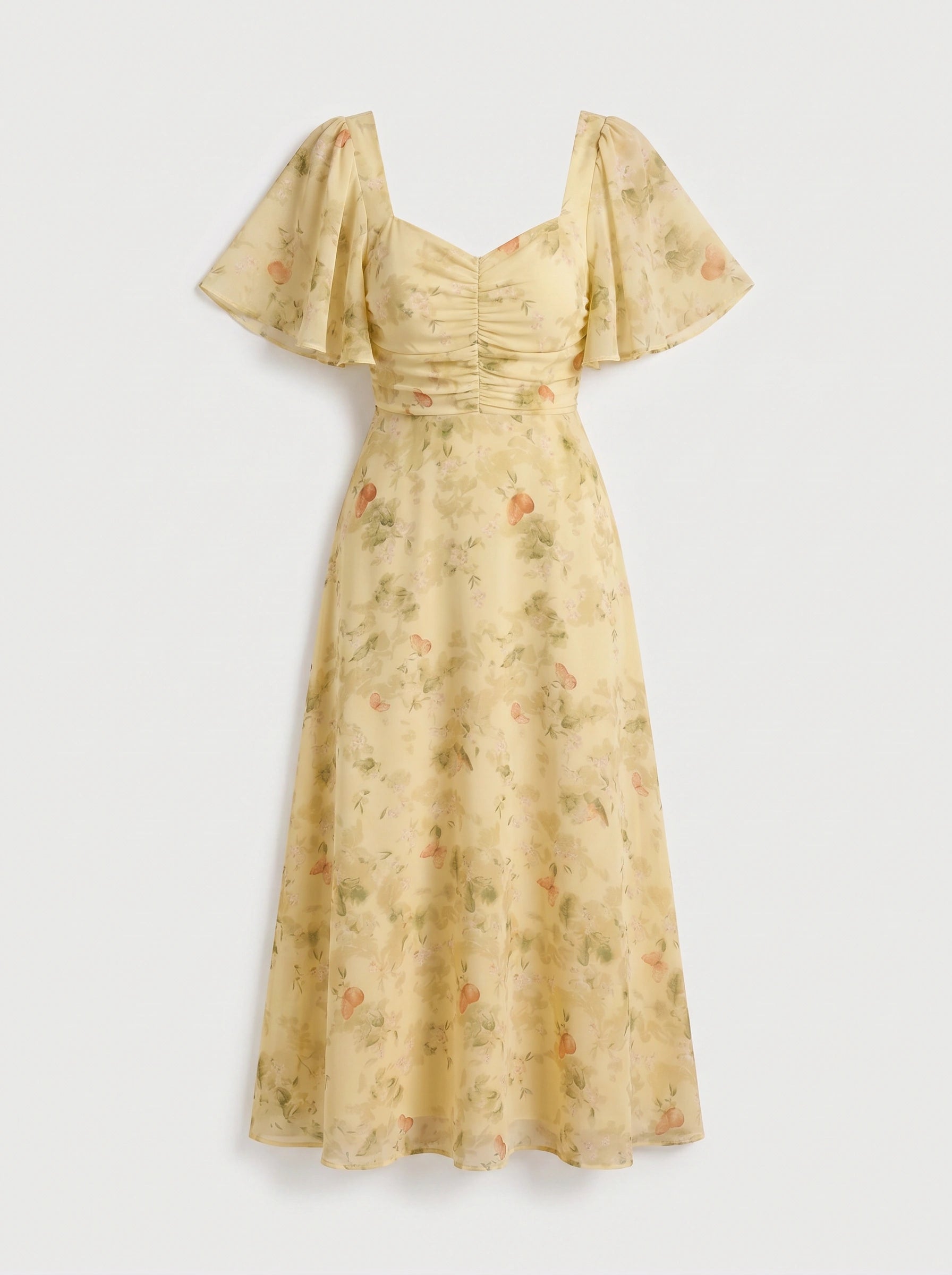 Citrin Ruched Flutter-Sleeve Maxi Dress – Puff Sleeve Dress Women Formal Wedding Guest Floral Maxi Dress