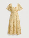 Citrin Ruched Flutter-Sleeve Maxi Dress – Puff Sleeve Dress Women Formal Wedding Guest Floral Maxi Dress