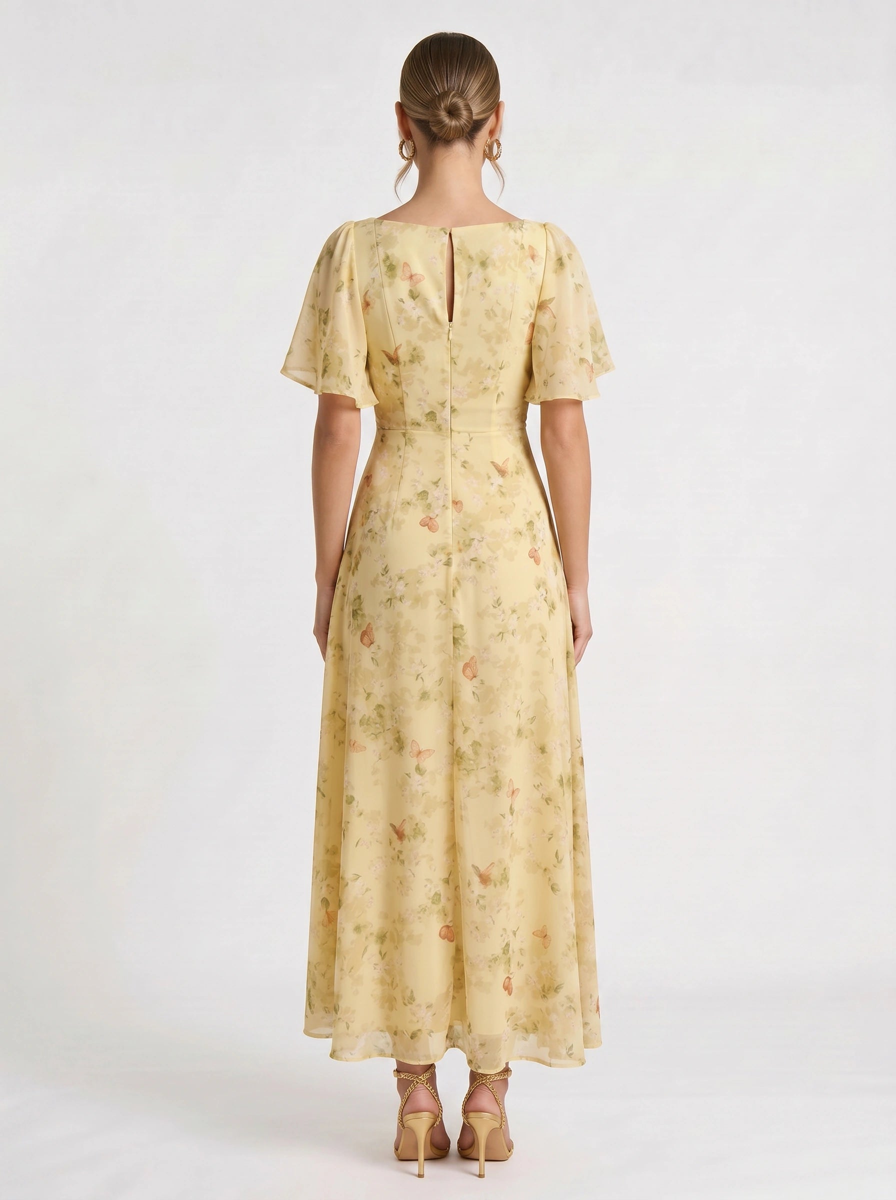 Citrin Ruched Flutter-Sleeve Maxi Dress – Puff Sleeve Dress Women Formal Wedding Guest Floral Maxi Dress