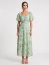 Citrin Ruched Flutter-Sleeve Maxi Dress – Puff Sleeve Dress Women Formal Wedding Guest Floral Maxi Dress