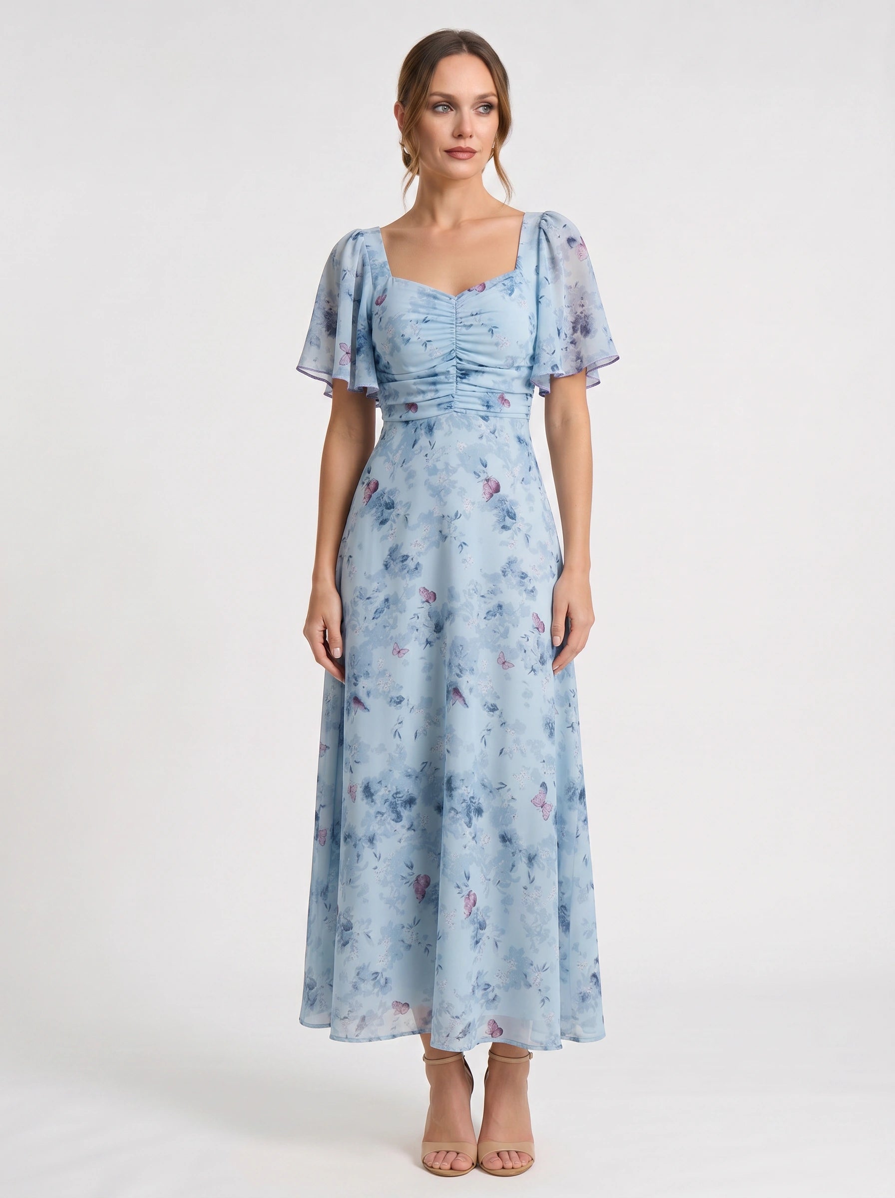 Citrin Ruched Flutter-Sleeve Maxi Dress – Puff Sleeve Dress Women Formal Wedding Guest Floral Maxi Dress