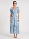 Citrin Ruched Flutter-Sleeve Maxi Dress – Puff Sleeve Dress Women Formal Wedding Guest Floral Maxi Dress