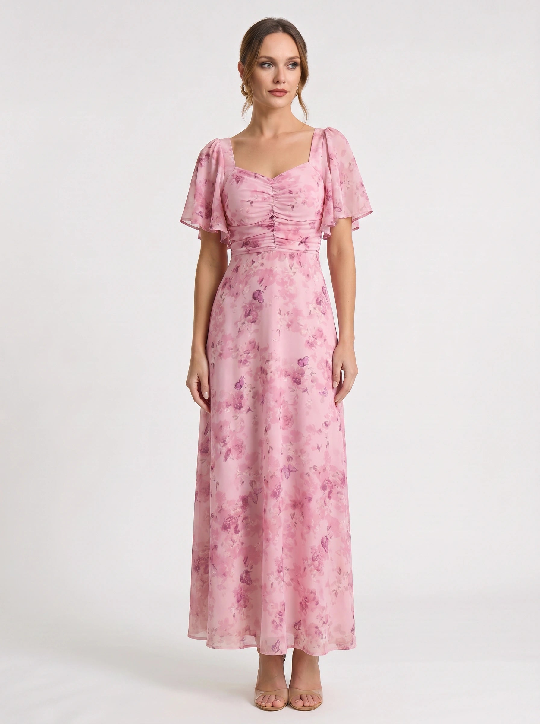 Citrin Ruched Flutter-Sleeve Maxi Dress – Puff Sleeve Dress Women Formal Wedding Guest Floral Maxi Dress