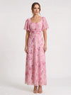 Citrin Ruched Flutter-Sleeve Maxi Dress – Puff Sleeve Dress Women Formal Wedding Guest Floral Maxi Dress
