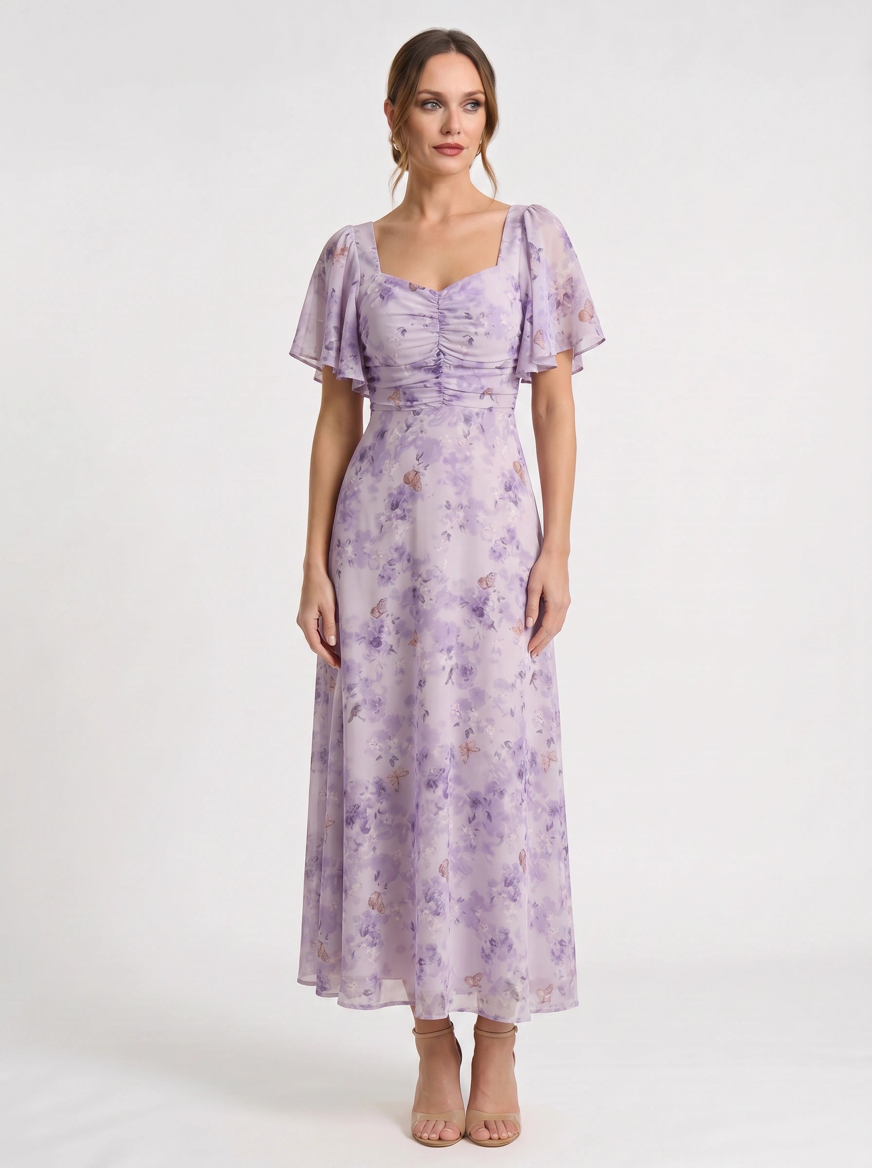 Citrin Ruched Flutter-Sleeve Maxi Dress – Puff Sleeve Dress Women Formal Wedding Guest Floral Maxi Dress