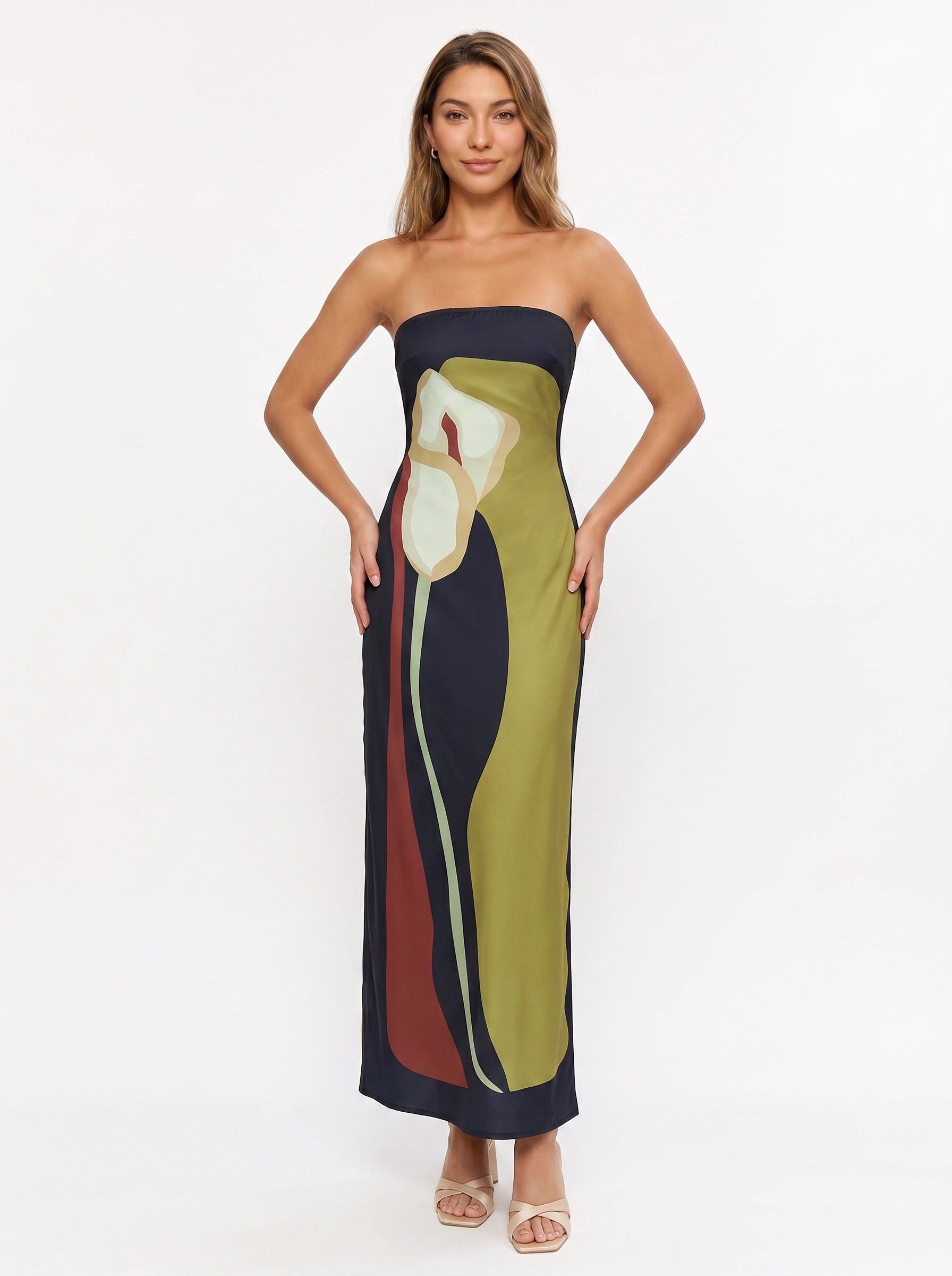 Floressa Strapless Maxi Dress – Abstract Floral Black Women Summer Evening Cocktail Party Midi Dress