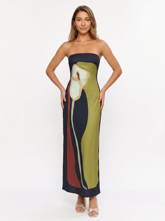 Floressa Strapless Maxi Dress – Abstract Floral Black Women Summer Evening Cocktail Party Midi Dress