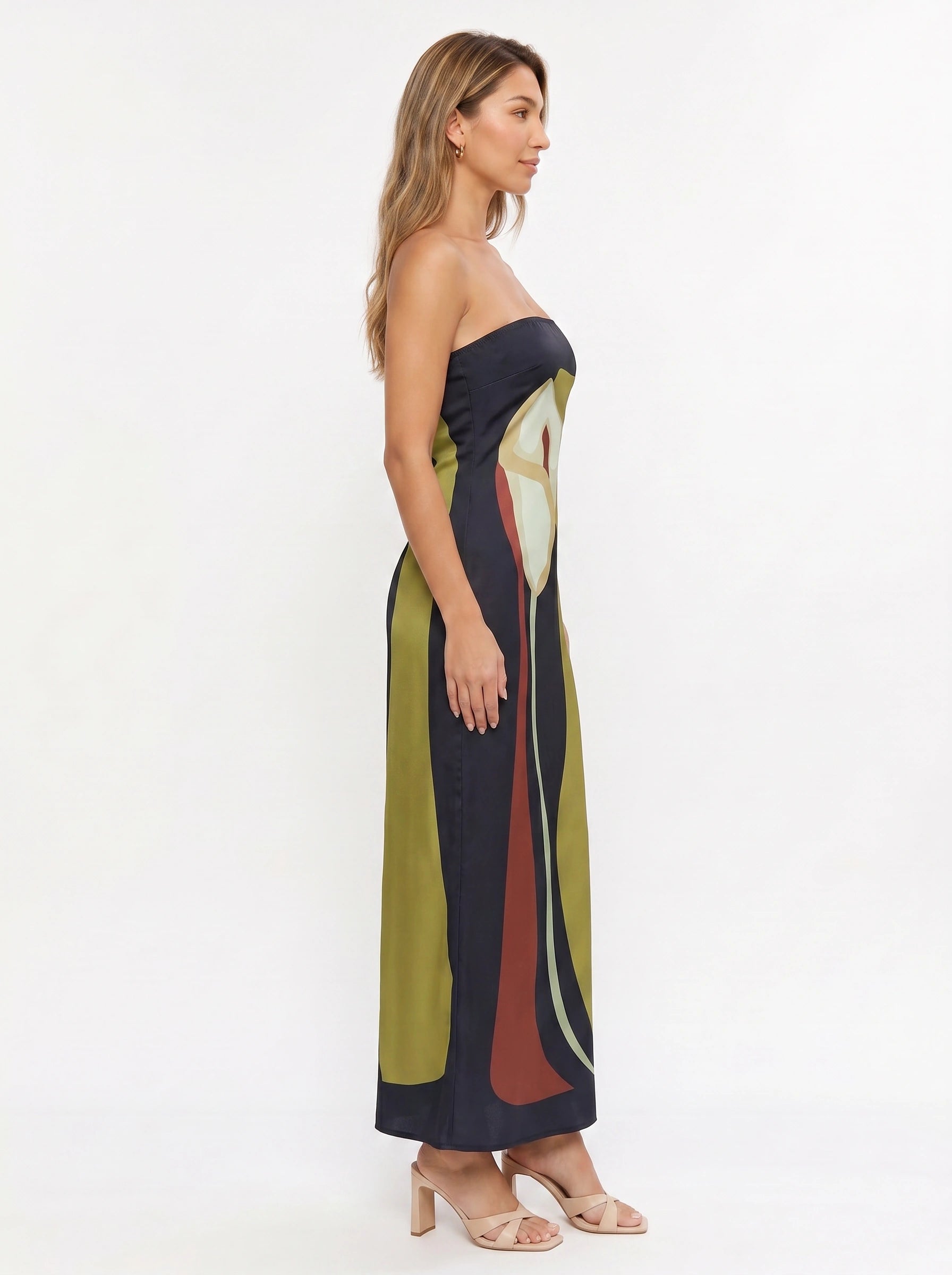 Floressa Strapless Maxi Dress – Abstract Floral Black Women Summer Evening Cocktail Party Midi Dress