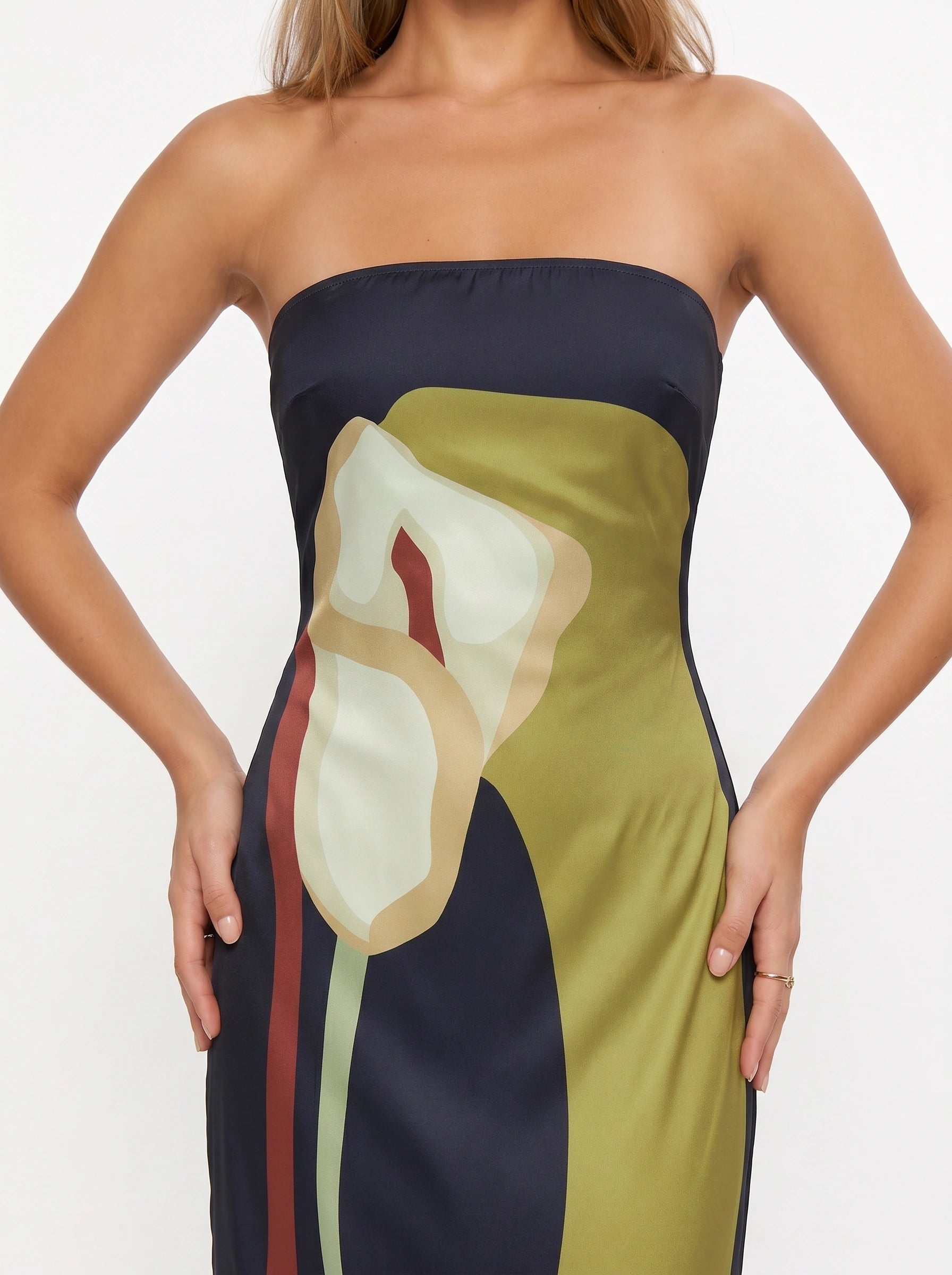 Floressa Strapless Maxi Dress – Abstract Floral Black Women Summer Evening Cocktail Party Midi Dress