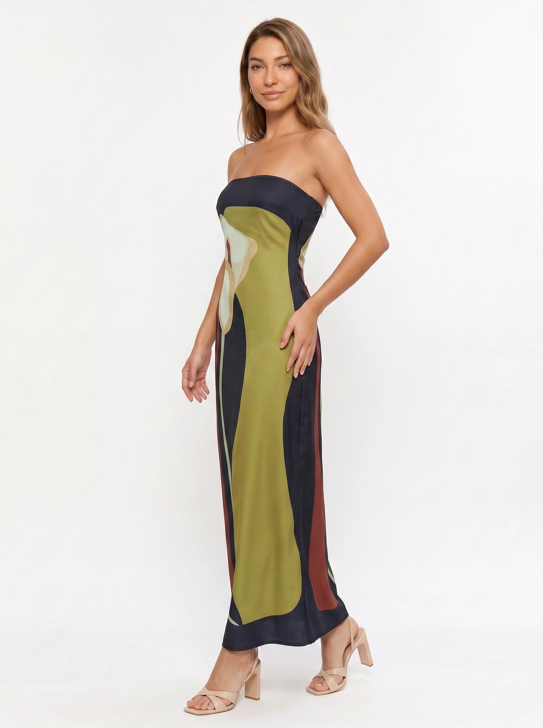 Floressa Strapless Maxi Dress – Abstract Floral Black Women Summer Evening Cocktail Party Midi Dress