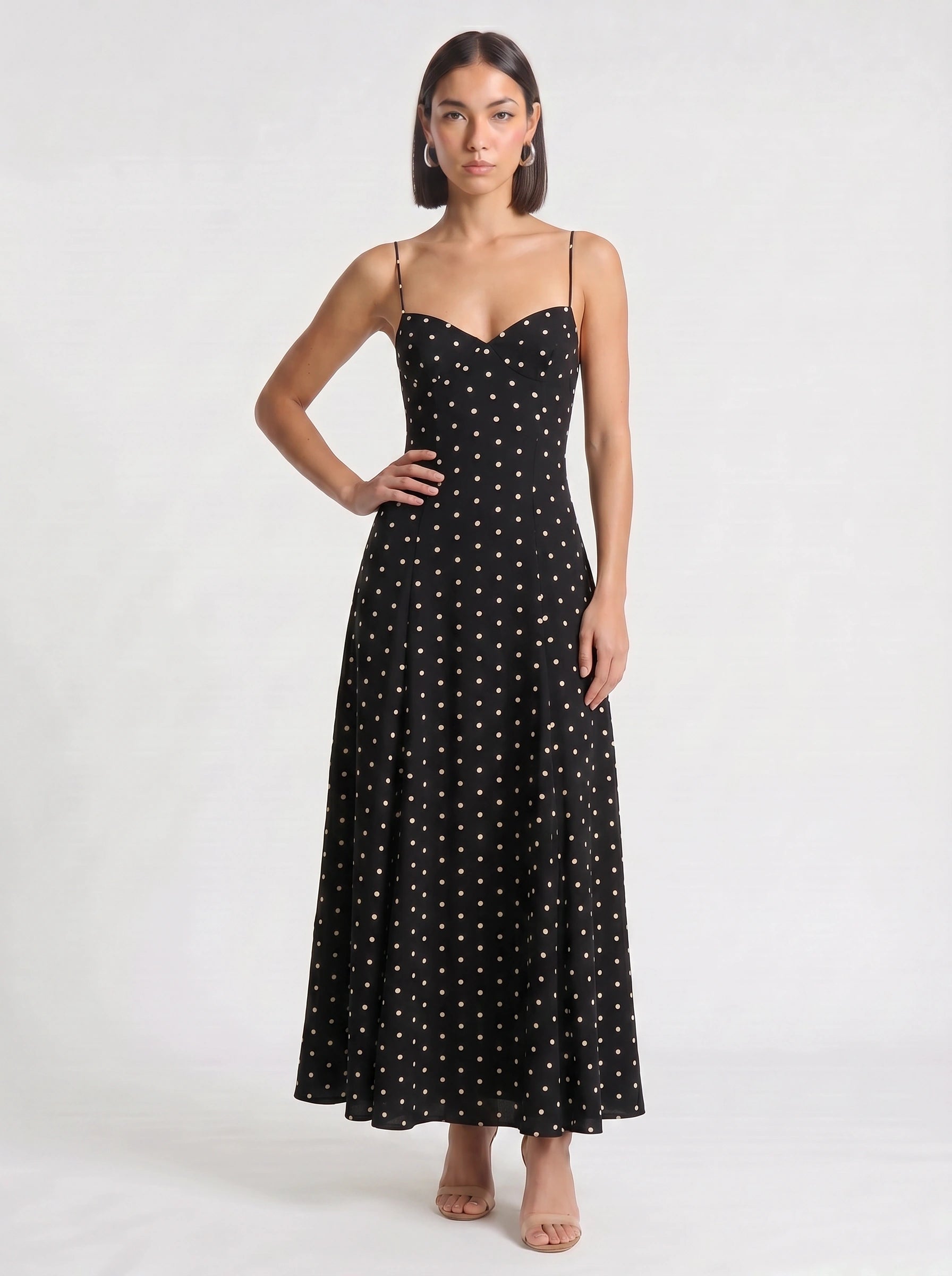 Puntina Sweetheart Polka Dot Maxi Dress – Black White Polka Dot Dress Women Summer Wedding Guest Party Maxi Dress