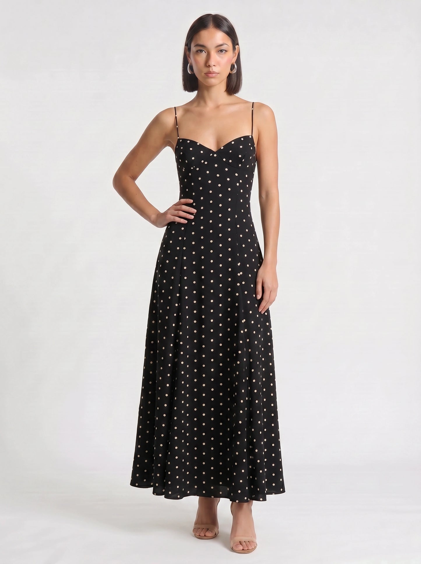 Puntina Sweetheart Polka Dot Maxi Dress – Black White Polka Dot Dress Women Summer Wedding Guest Party Maxi Dress