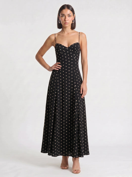 Puntina Sweetheart Polka Dot Maxi Dress – Black White Polka Dot Dress Women Summer Wedding Guest Party Maxi Dress