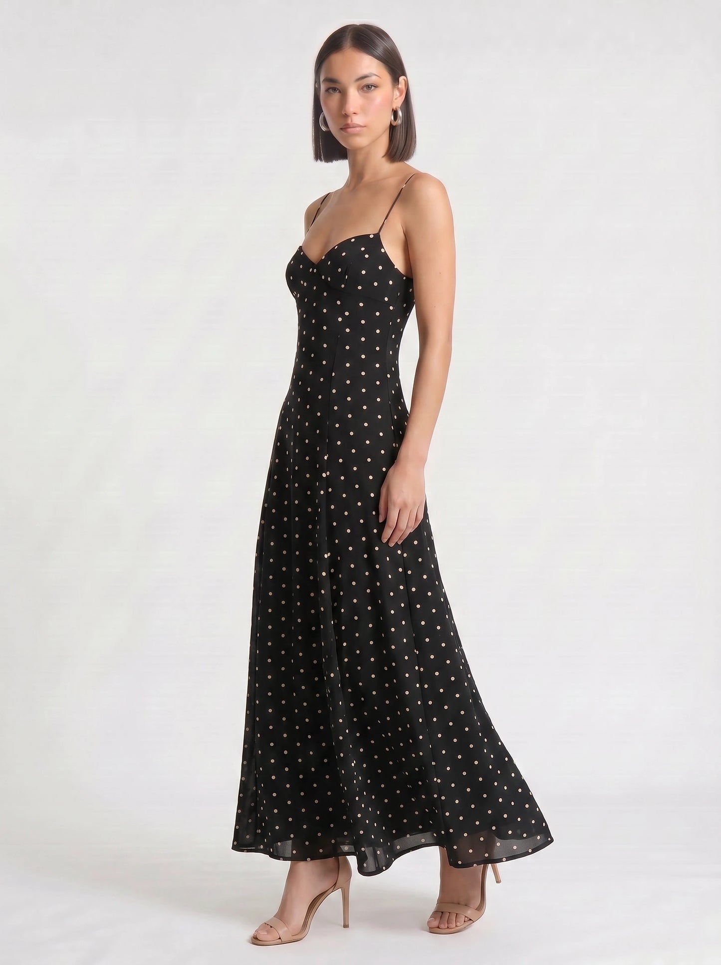 Puntina Sweetheart Polka Dot Maxi Dress – Black White Polka Dot Dress Women Summer Wedding Guest Party Maxi Dress