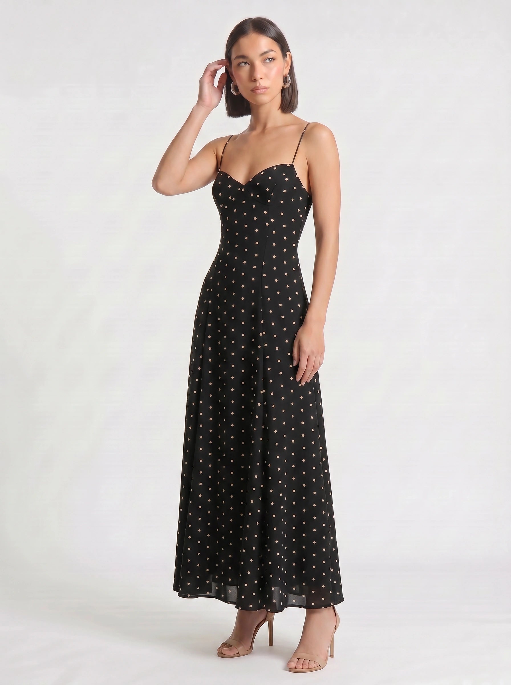 Puntina Sweetheart Polka Dot Maxi Dress – Black White Polka Dot Dress Women Summer Wedding Guest Party Maxi Dress