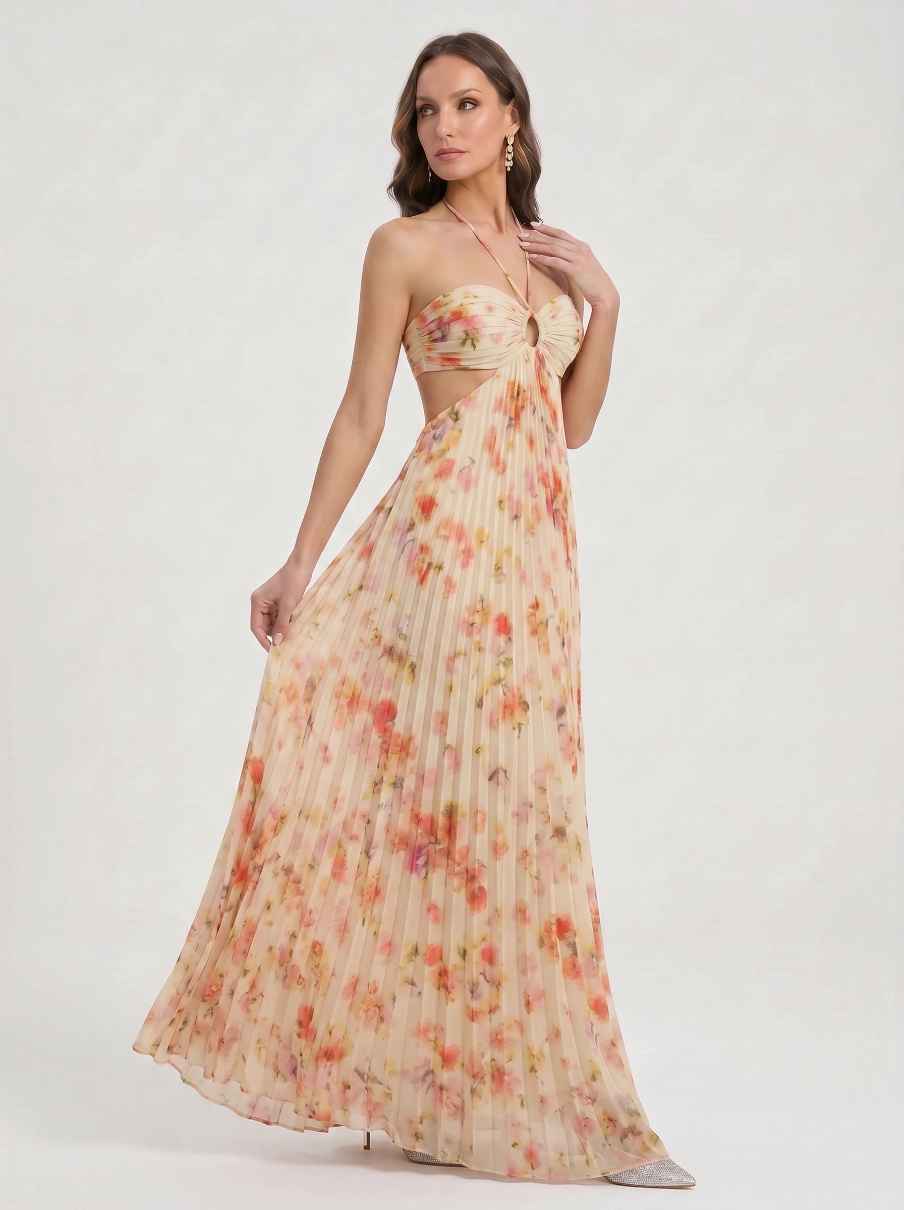 Floratta Cutout Pleated Maxi Dress – Floral Summer Wedding Guest Women Formal Evening Party Maxi Dress