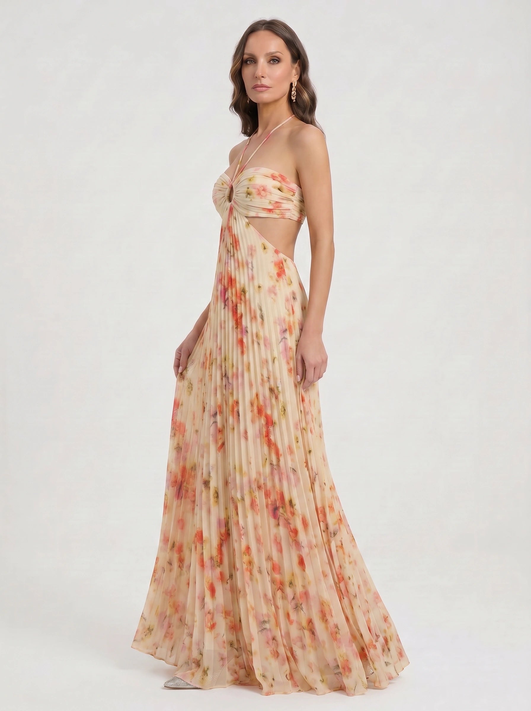 Floratta Cutout Pleated Maxi Dress – Floral Summer Wedding Guest Women Formal Evening Party Maxi Dress