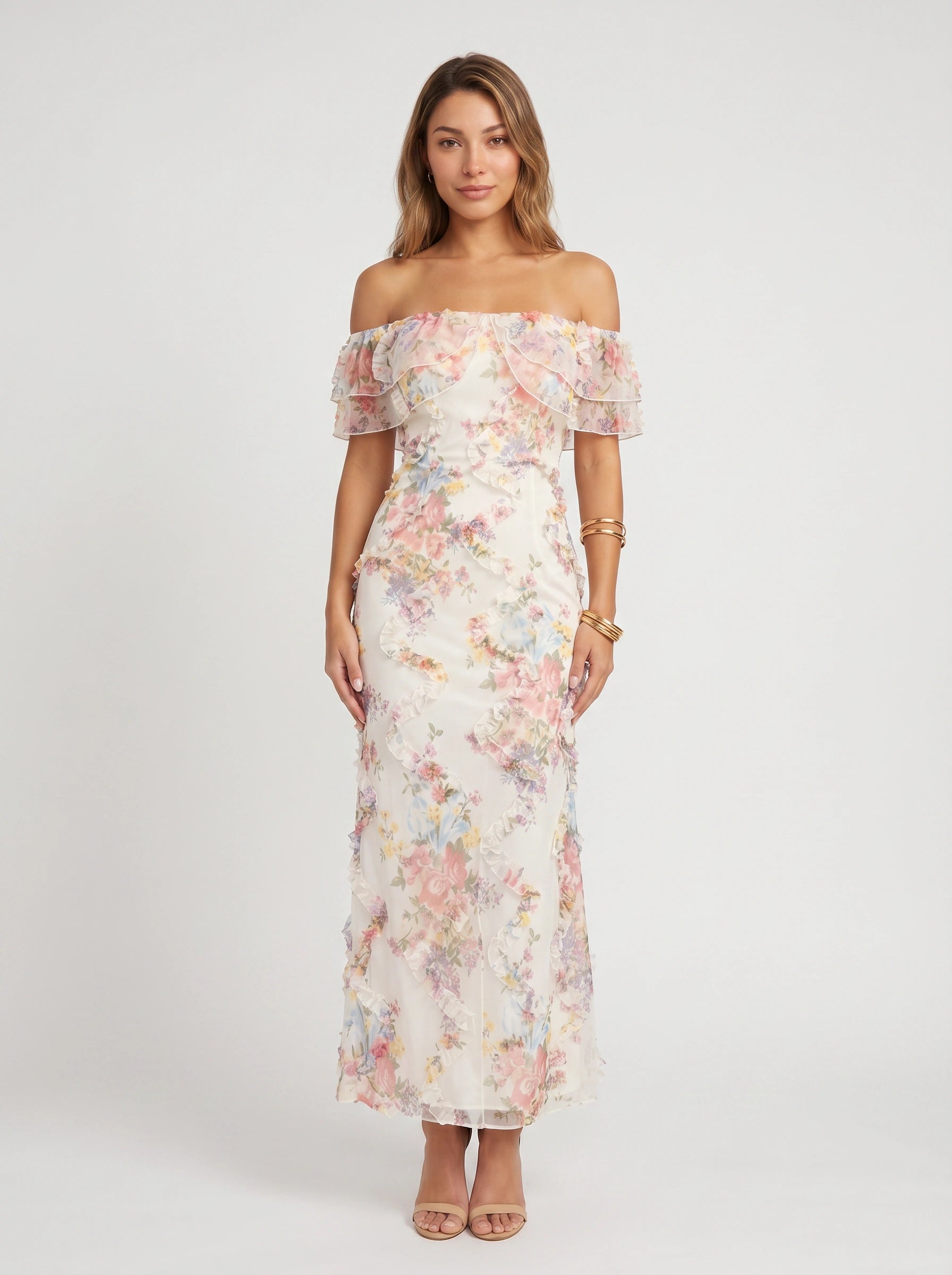 Florisse Off-Shoulder Ruffle Maxi Dress – Floral Summer Women Formal Wedding Guest Cocktail Graduation White Pink Maxi Dress