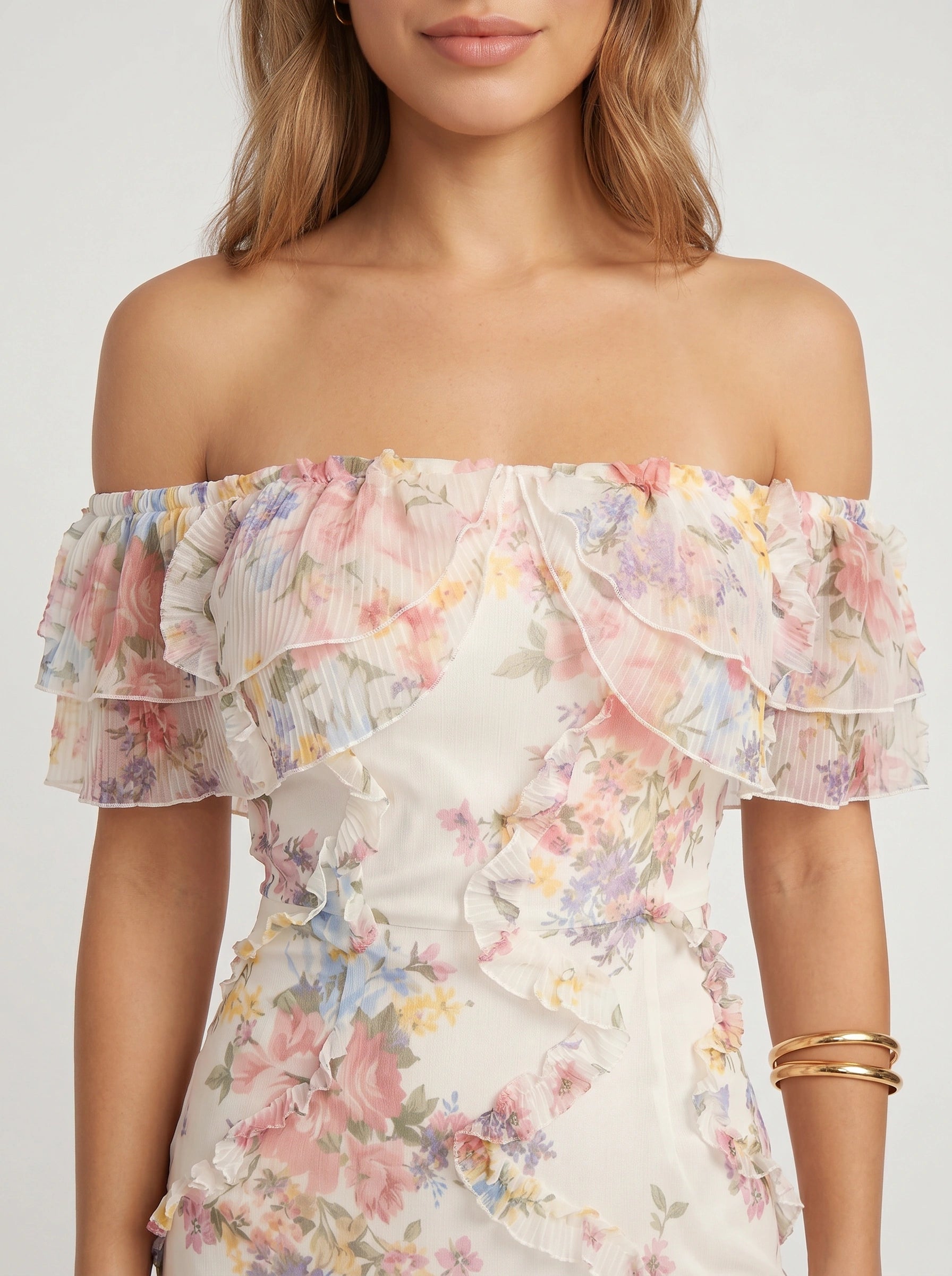 Florisse Off-Shoulder Ruffle Maxi Dress – Floral Summer Women Formal Wedding Guest Cocktail Graduation White Pink Maxi Dress